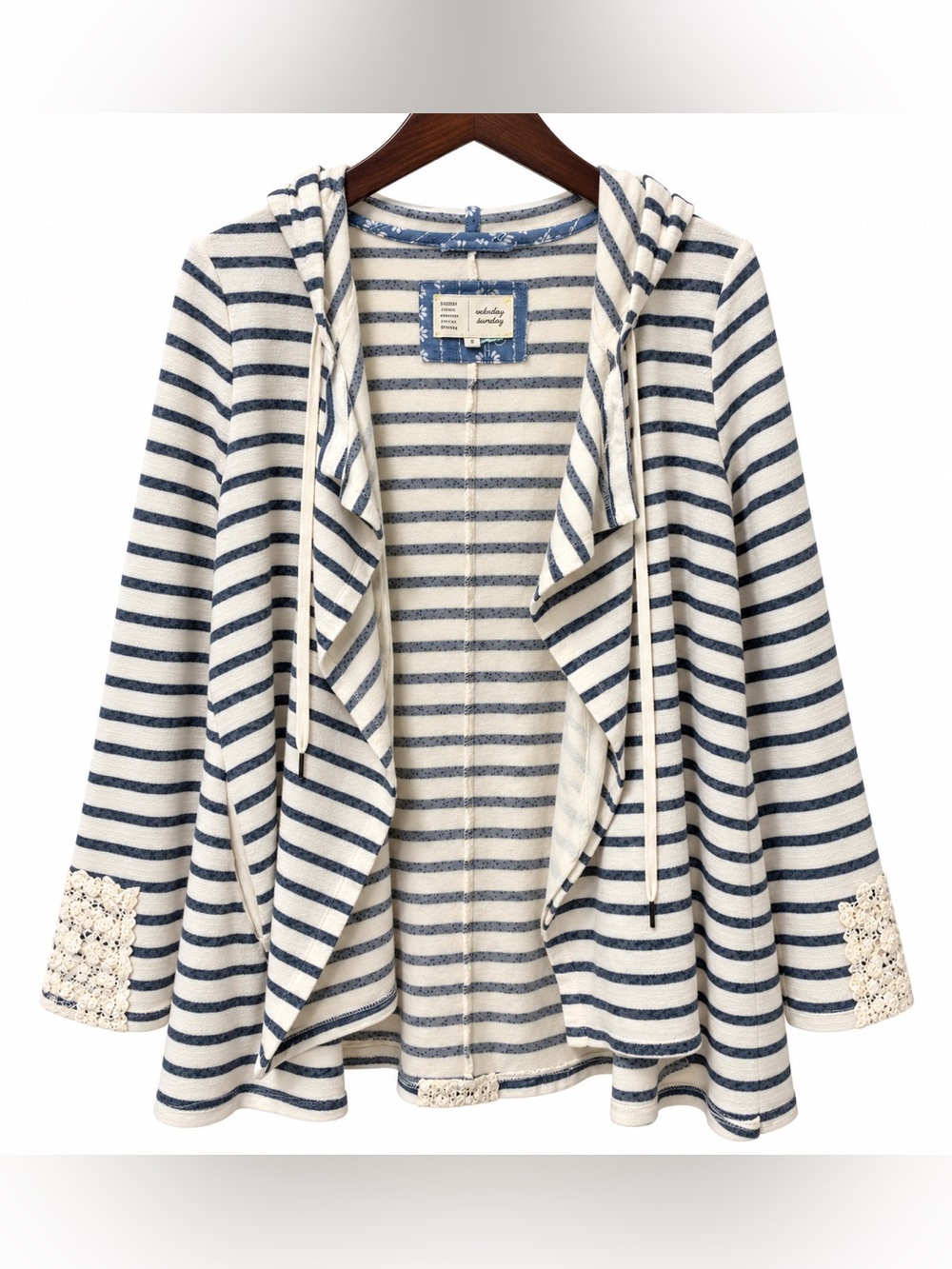 Anthropologie Striped Hooded Open-Front Sweater Cardigan - Navy & Cream